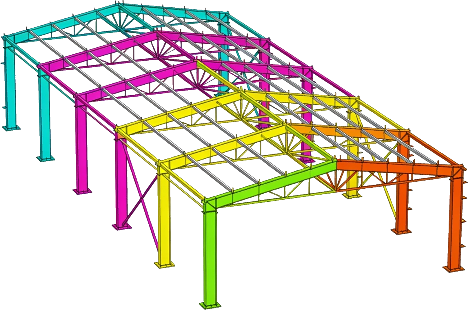 Modelo estructural con los perfiles diferenciados por familia de pieza